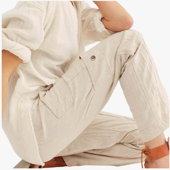 NWT Free People Feelin Good Linen Utility Pant Natural tan pants - Picture 2 of 15